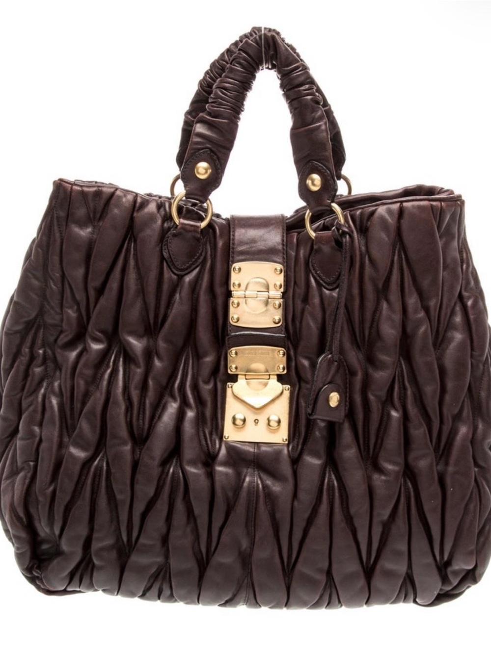 Dark Brown Ruched Leather Tote with Gold Hardware